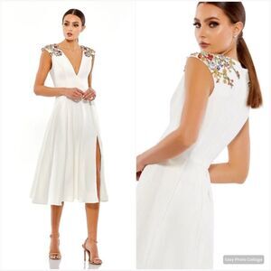 NWT Mac Duggal 70214 BEADED CAP SLEEVE A LINE MIDI DRESS